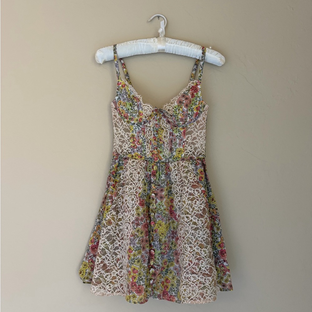 For Love & Lemons Floral Lace Mini Dress in Cream, Pink, Yellow, Green